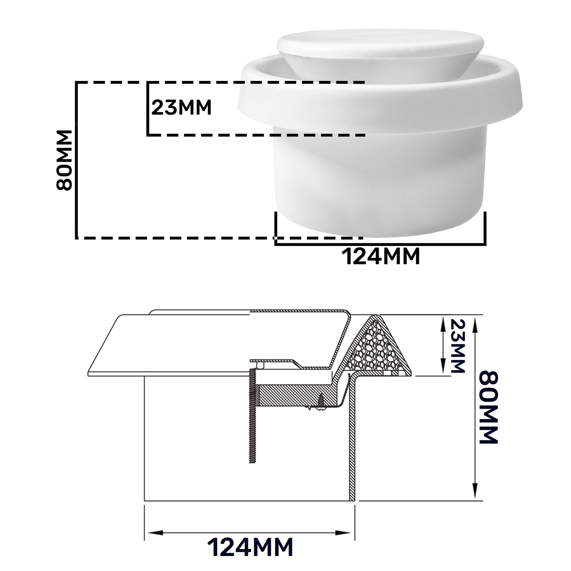 White ABS extract ceiling valve, 124mm diameter with 80mm height and 23mm outlet