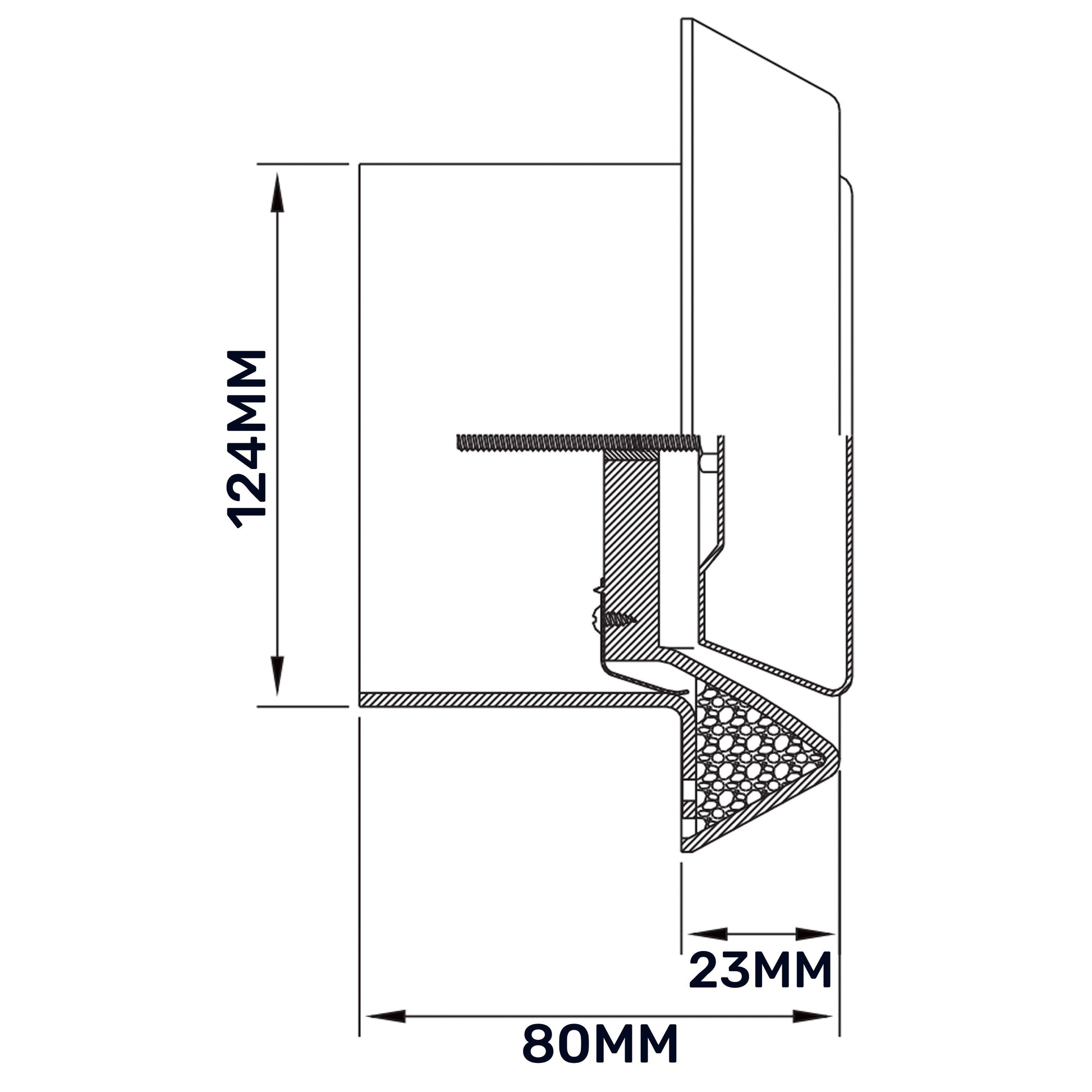 White ABS extract ceiling valve cross-section diagram with 124mm opening and 23mm duct