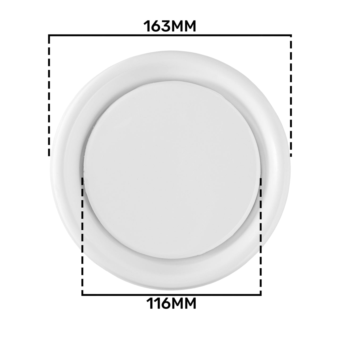 White ABS ceiling extract valve dimensions: 163mm outer, 116mm inner