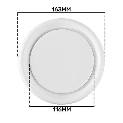 White ABS ceiling extract valve dimensions: 163mm outer, 116mm inner