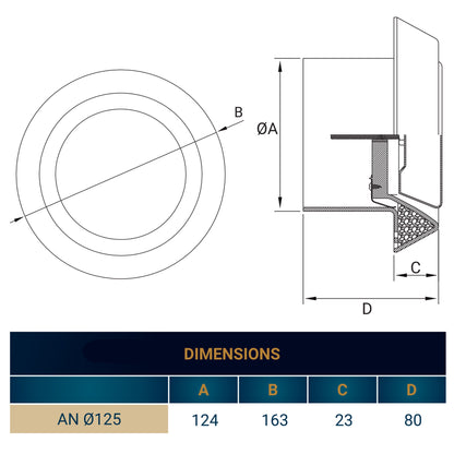 White extract ceiling valve diagram showing ØA 125mm, depth C 23mm, diameter D 80mm