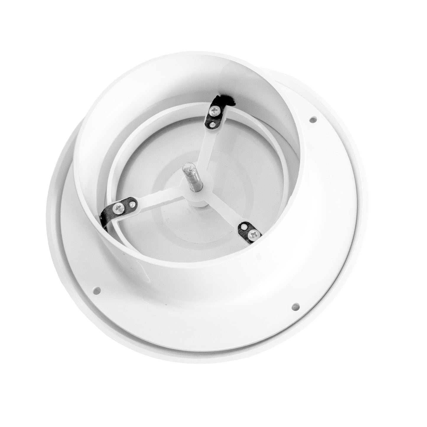 White ABS ceiling extract valve underside view with mounting bracket, 150mm