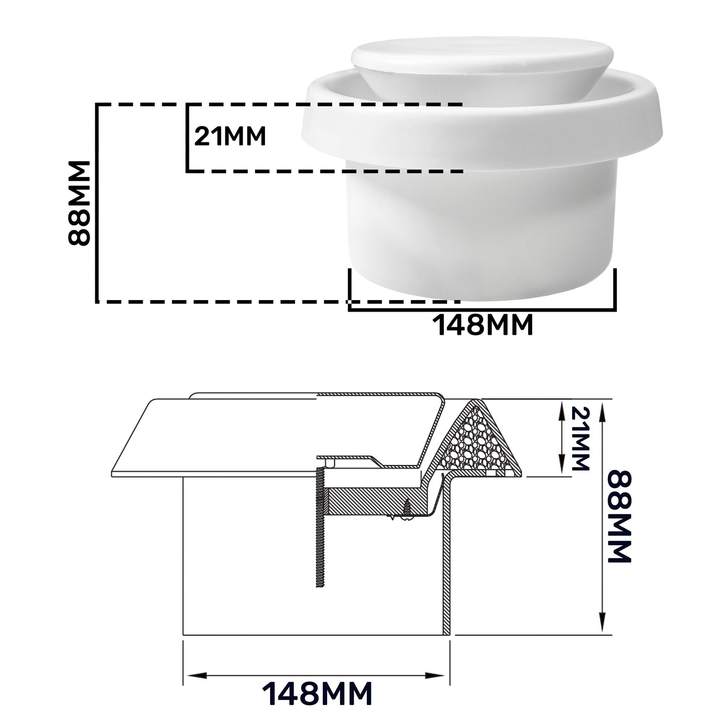 White ABS ceiling extract valve with measurements: 148mm width and 88mm height