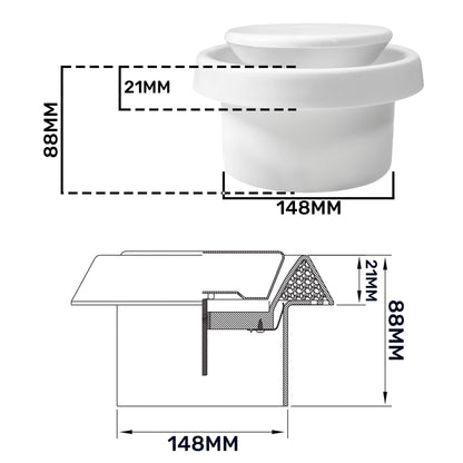White ABS ceiling extract valve with measurements: 148mm width and 88mm height