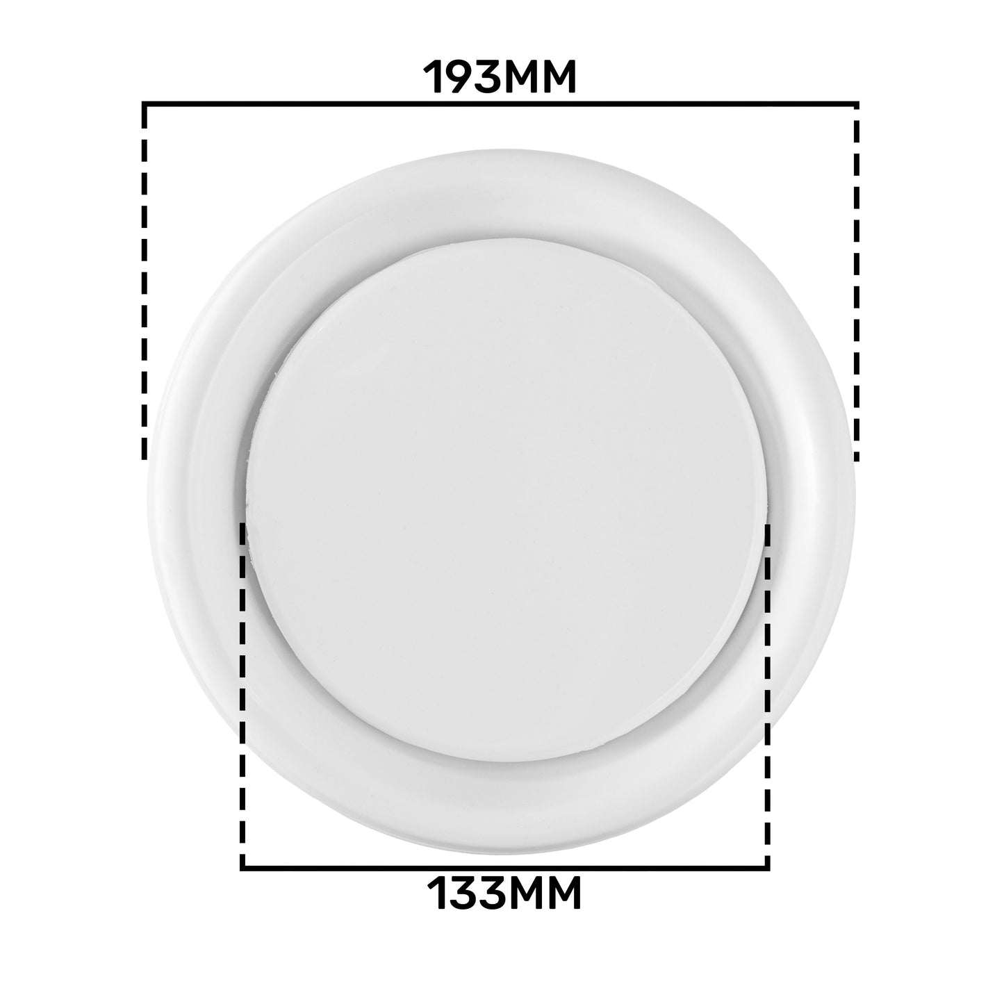 White ABS ceiling extract valve size diagram: 193mm outer, 133mm inner, 150mm