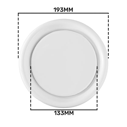 White ABS ceiling extract valve size diagram: 193mm outer, 133mm inner, 150mm