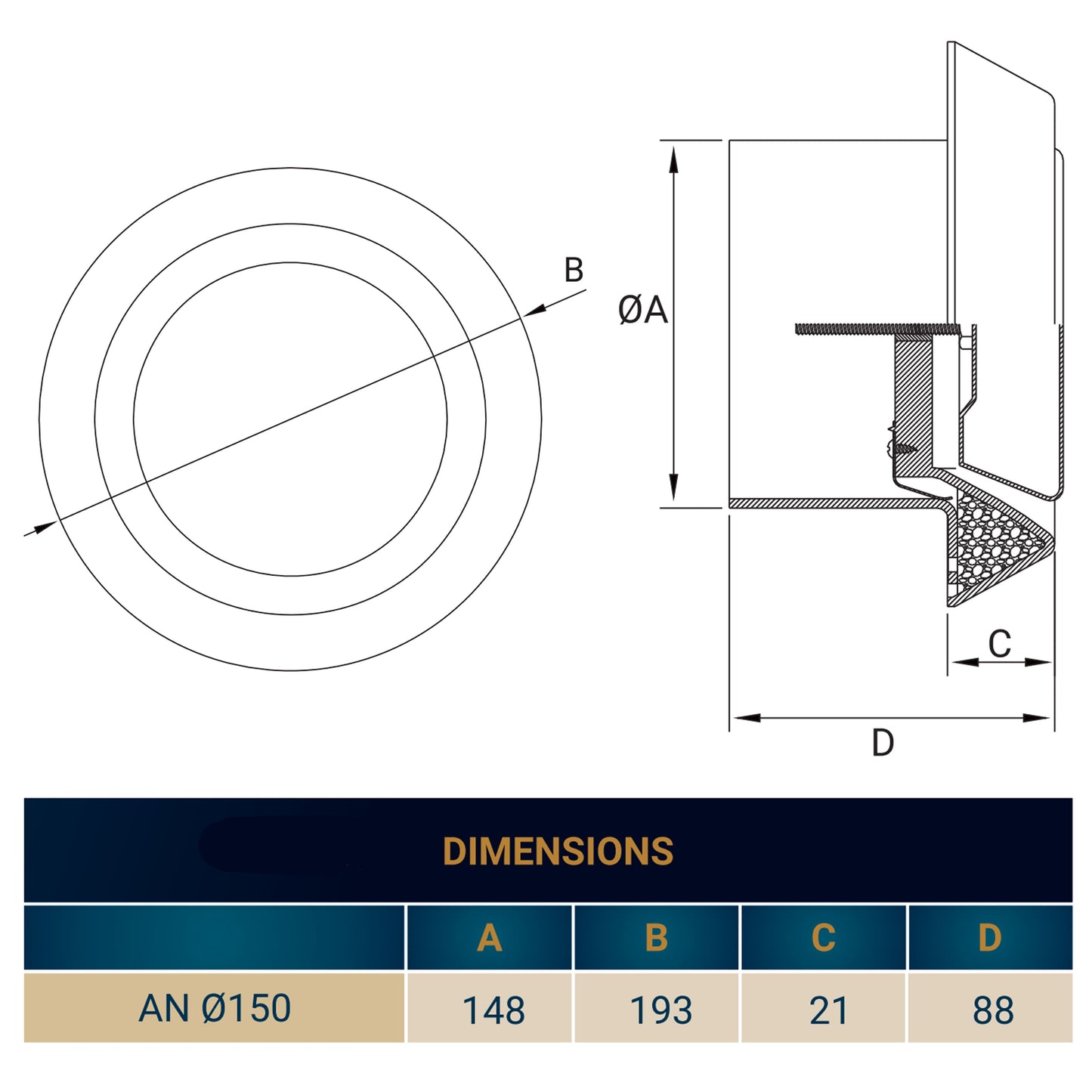 White ABS ceiling extract valve diagram with dimensions for AN Ø150