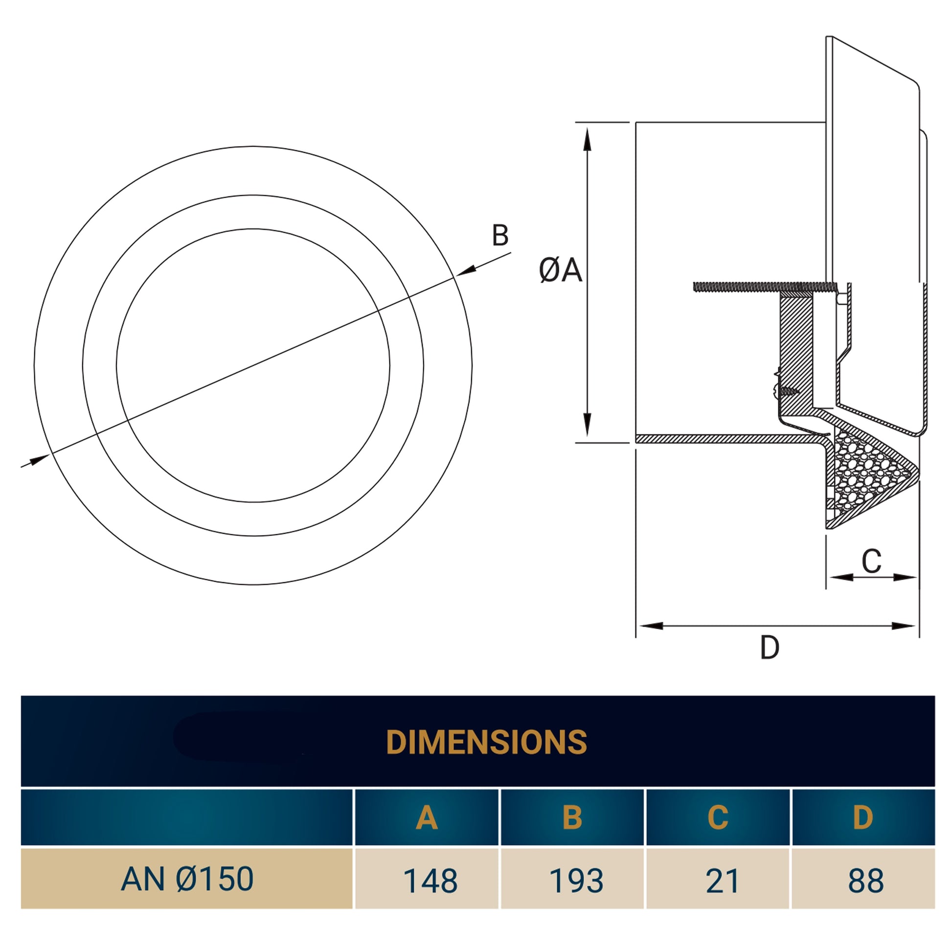 White ABS ceiling extract valve diagram with dimensions for AN Ø150