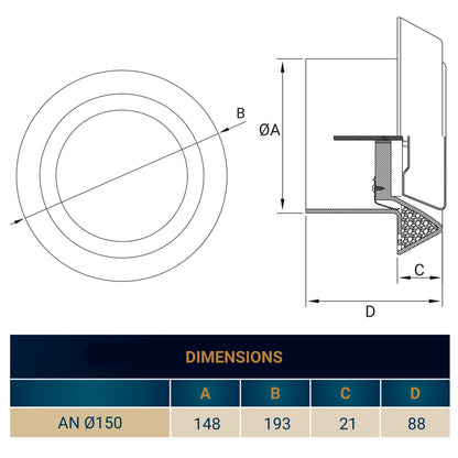 White ABS ceiling extract valve diagram with dimensions for AN Ø150