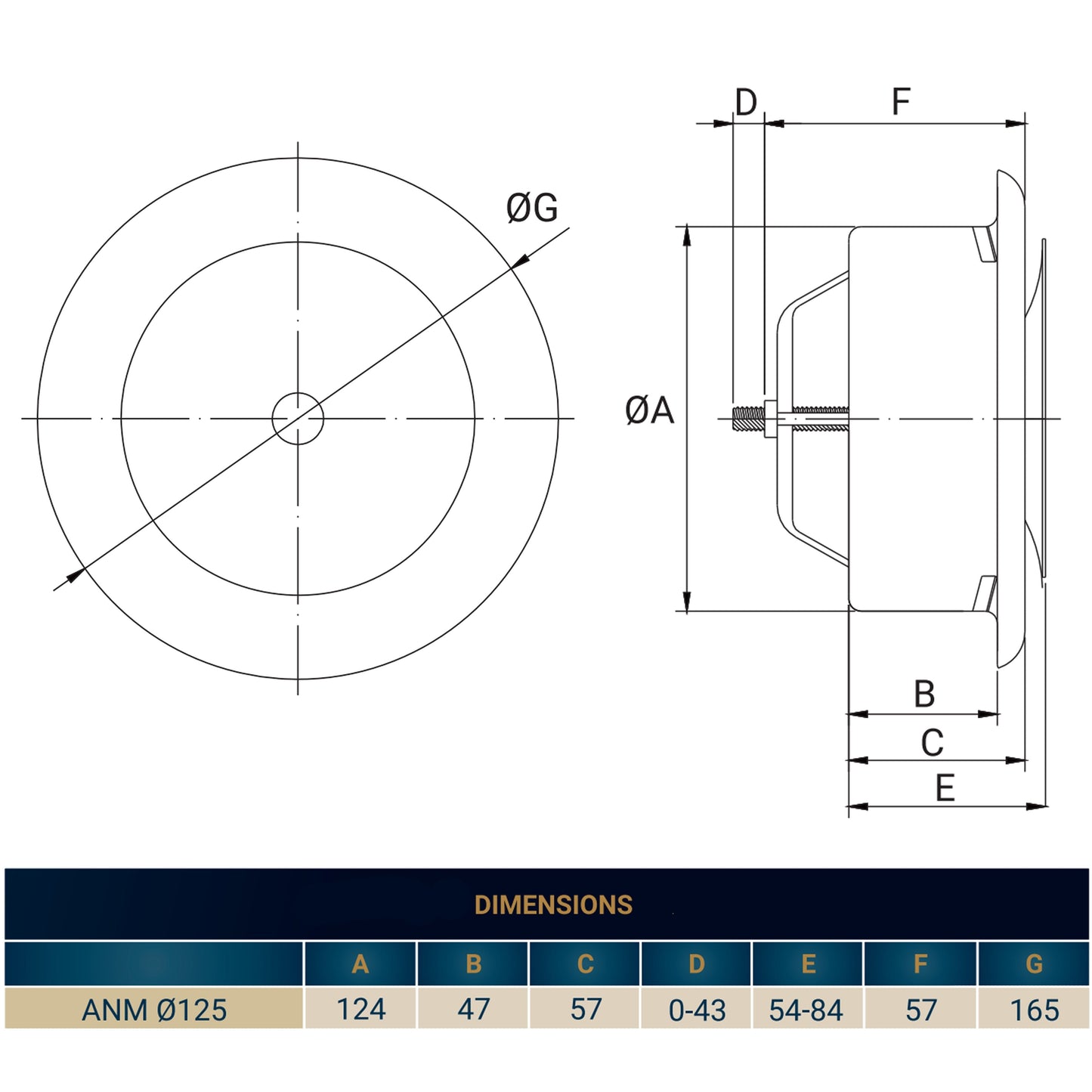 125mm ceiling extract valve dimension diagram, side section with fixing points