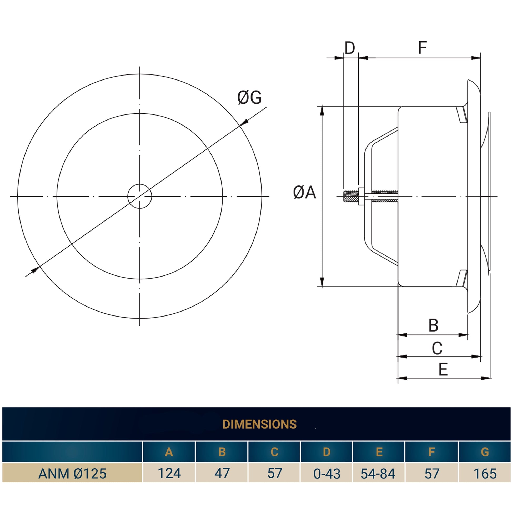 125mm ceiling extract valve dimension diagram, side section with fixing points