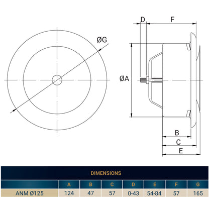 125mm ceiling extract valve dimension diagram, side section with fixing points