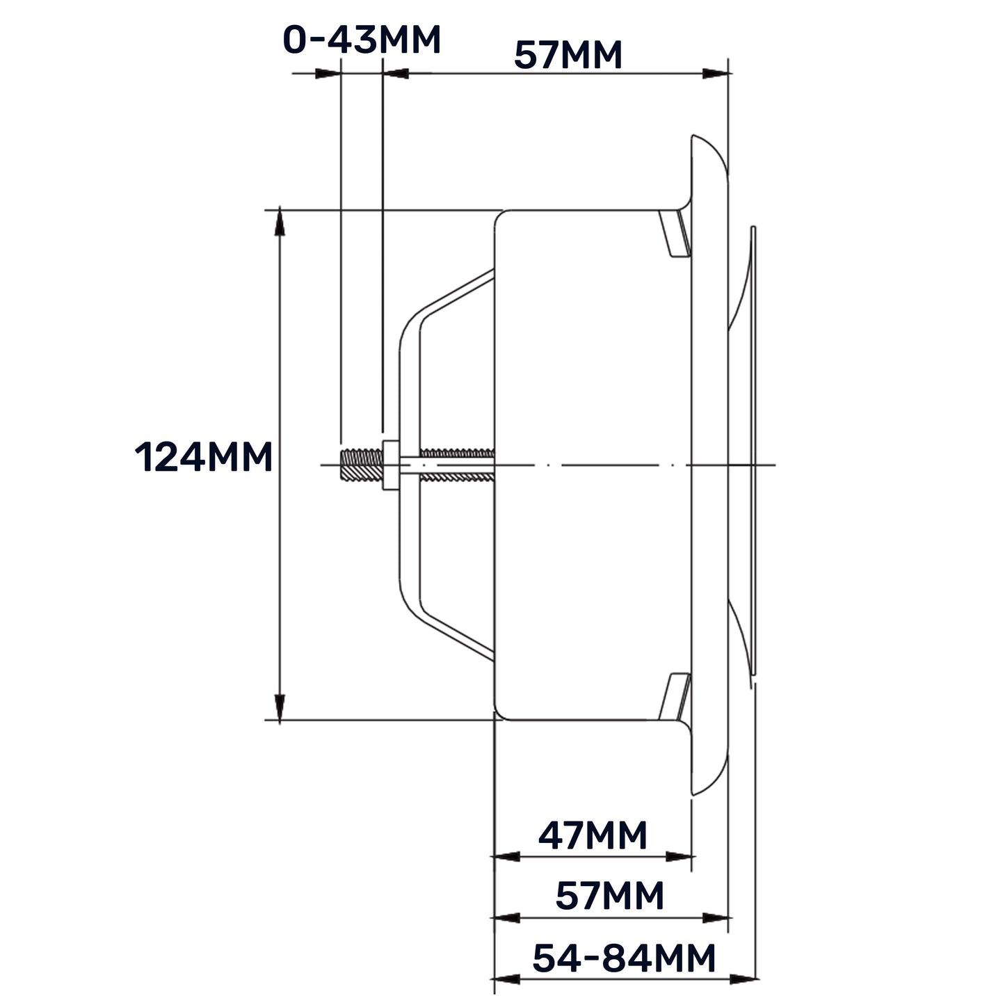 Side view of 125mm ceiling extract valve, opening range labeled 0-43mm