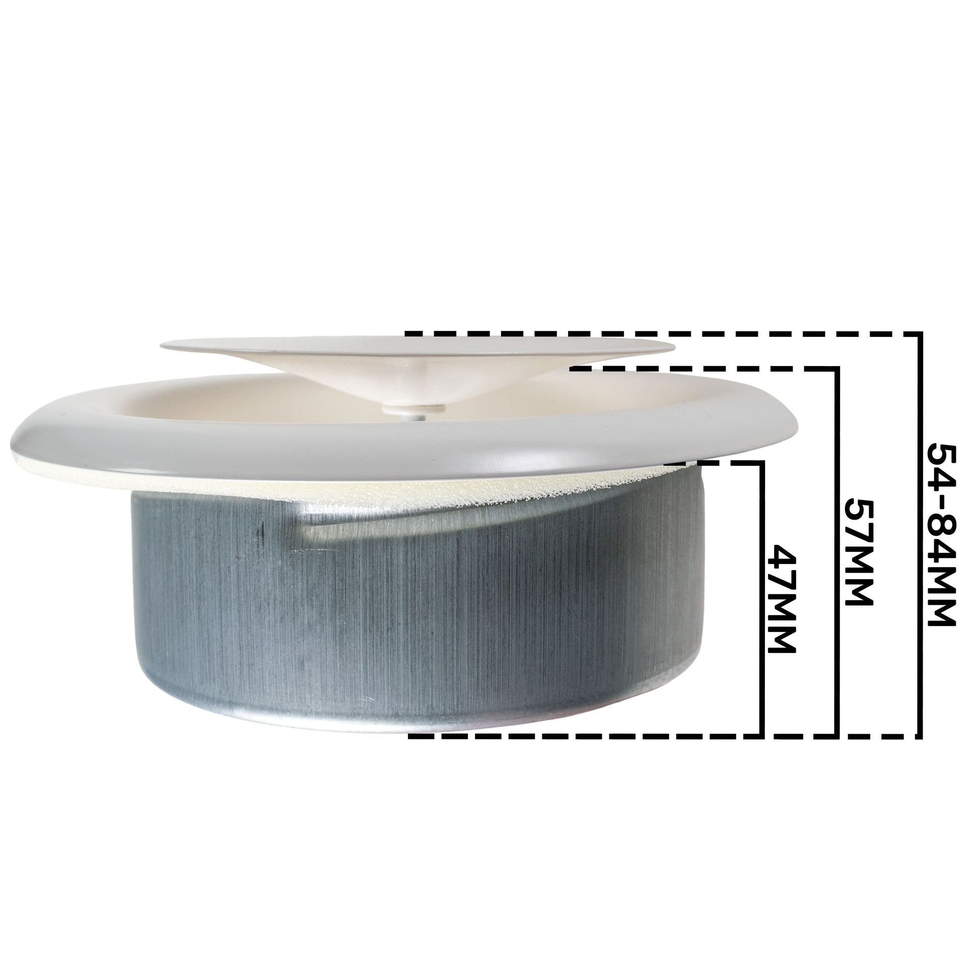 Ceiling extract valve side profile, white rim over grey metal housing