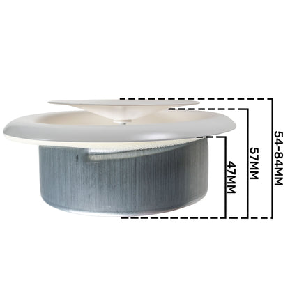 Ceiling extract valve side profile, white rim over grey metal housing