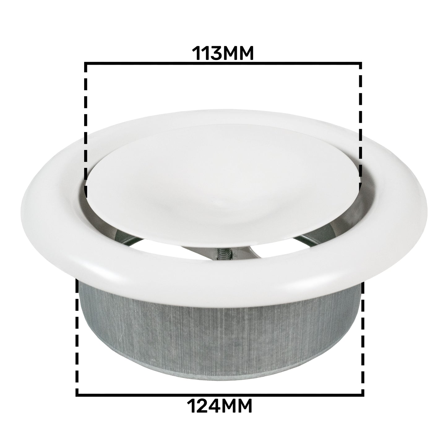 Ceiling extract valve front view, white face with 124mm round body