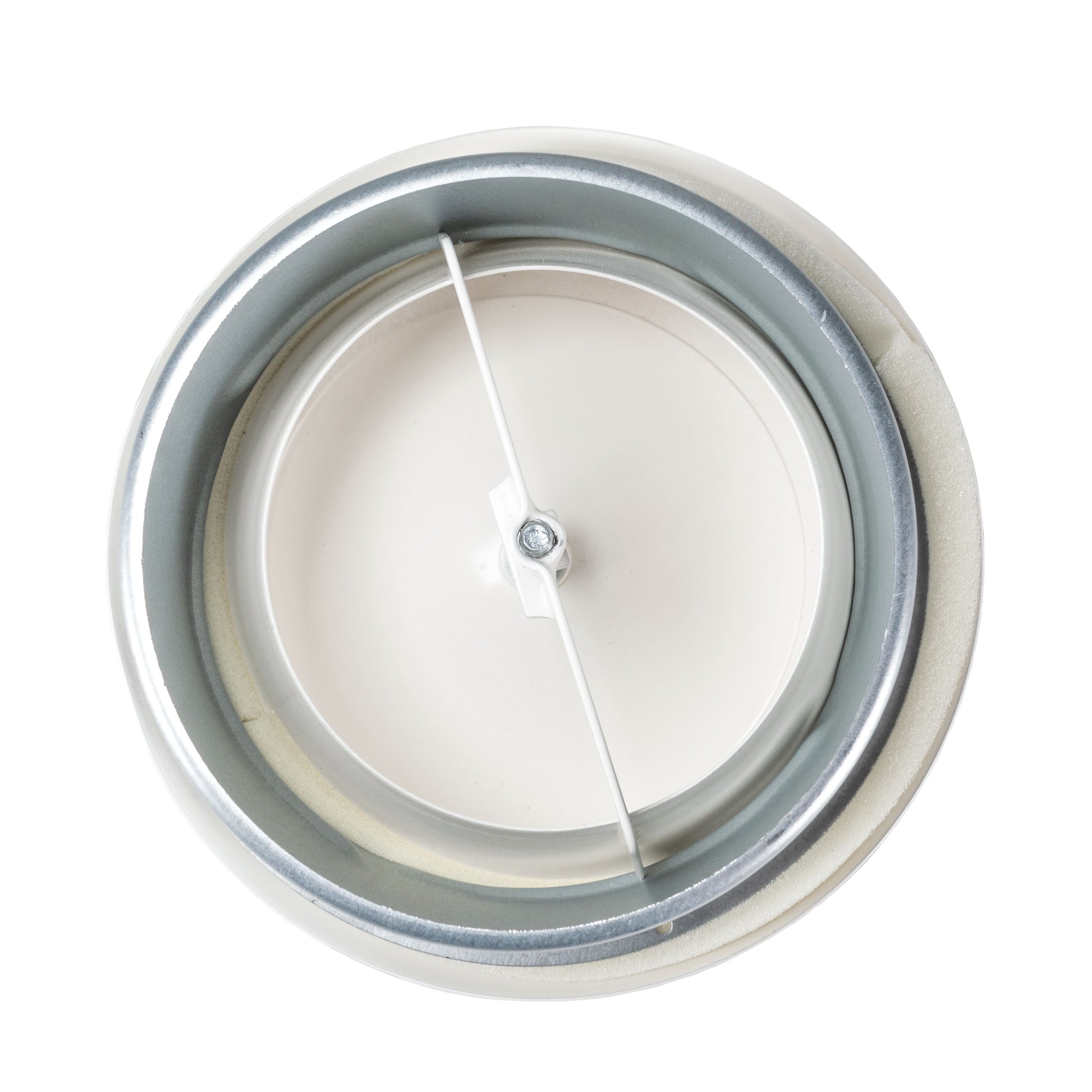 White ceiling extract valve (125mm) with circular metal trim and central damper spindle
