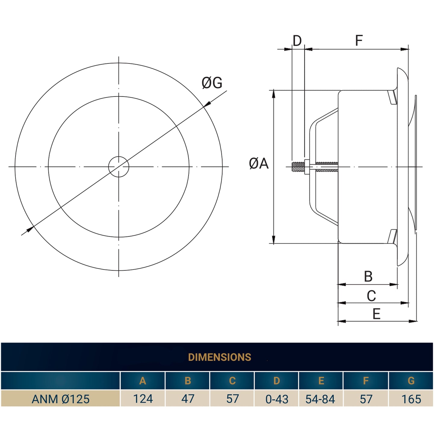 Ceiling extract valve technical side view with key dimensions and mounting hardware