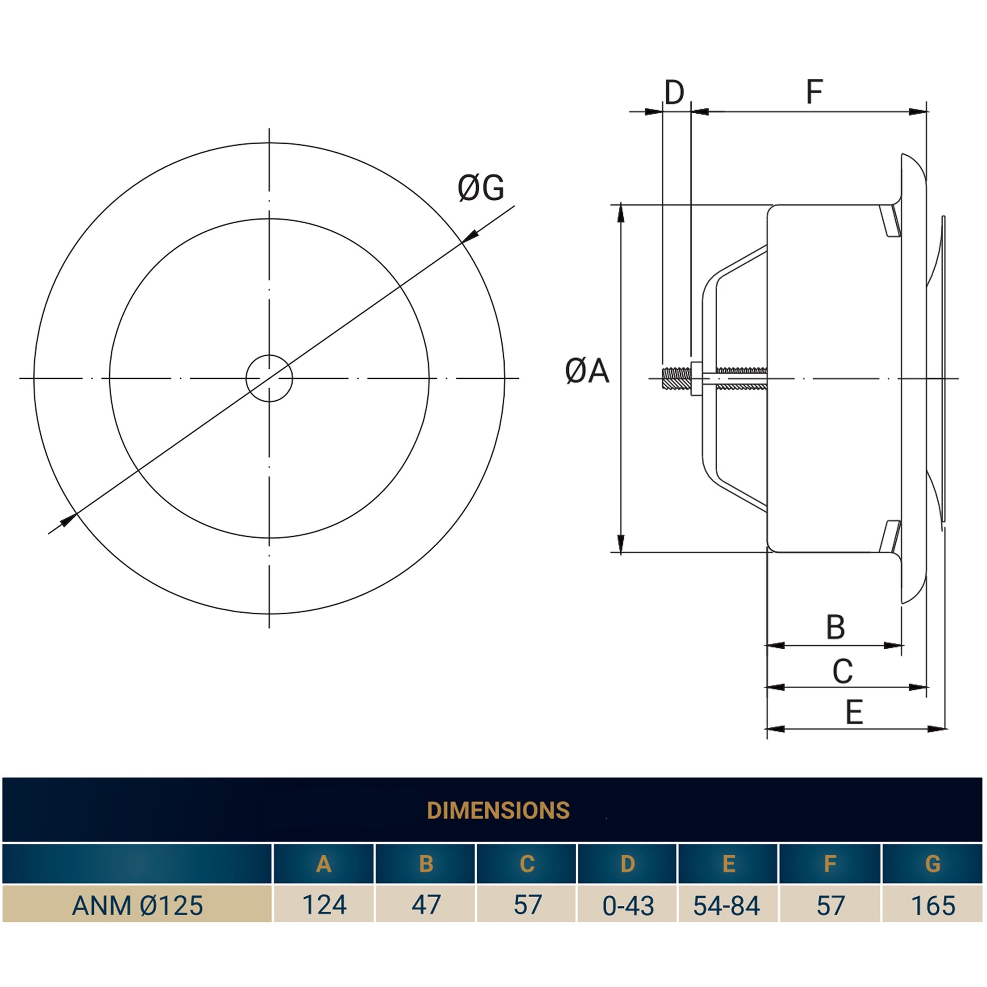 Ceiling extract valve technical side view with key dimensions and mounting hardware