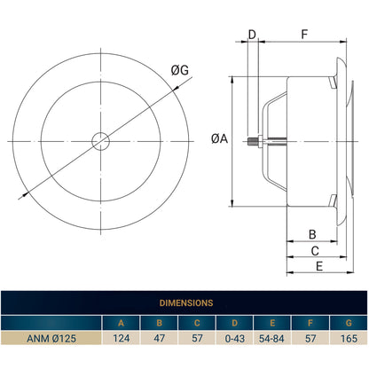 Ceiling extract valve technical side view with key dimensions and mounting hardware