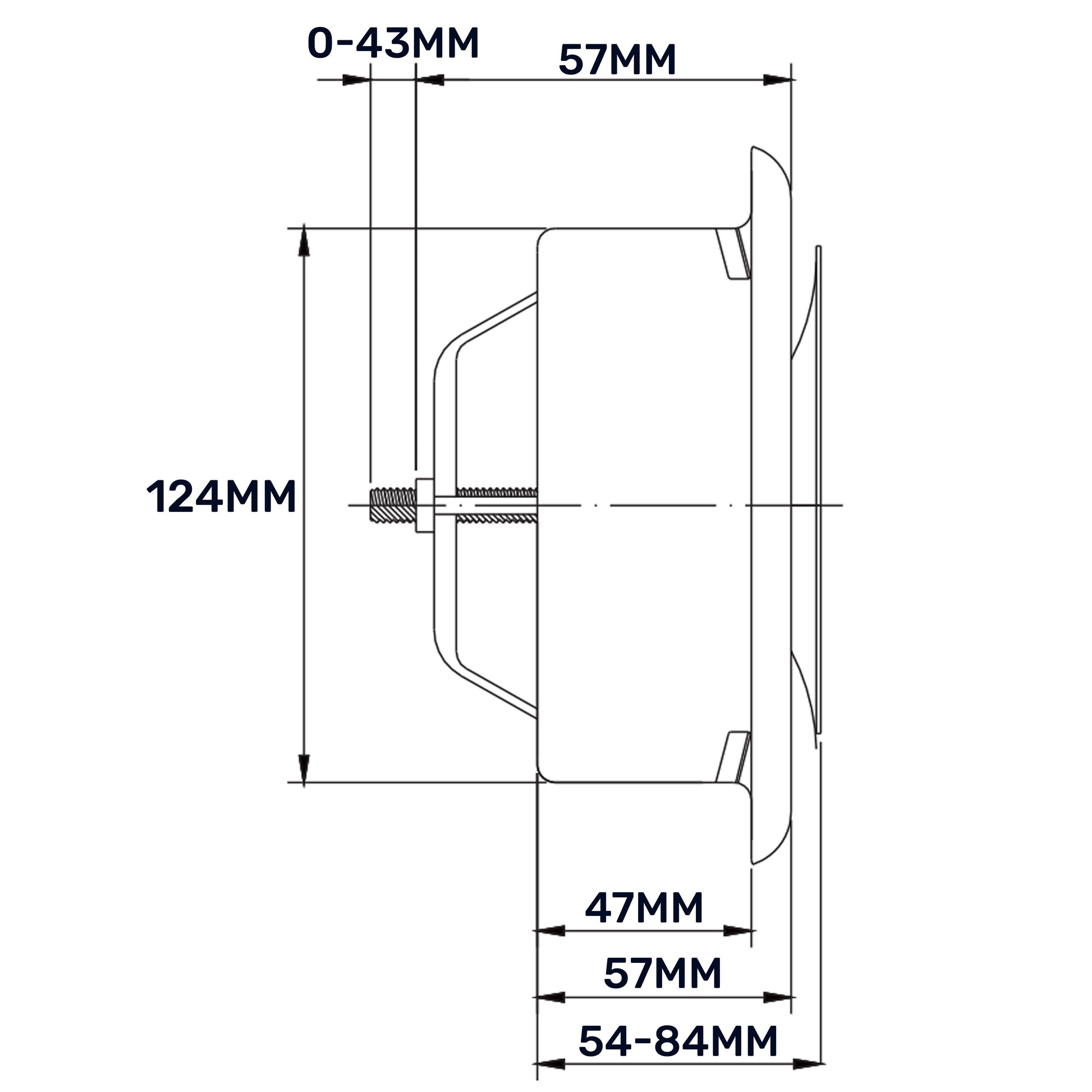 Ceiling extract valve side section with white trim, metal housing, and size markings
