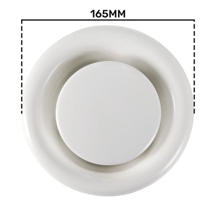 White circular ceiling extract valve with inner opening; 165mm outer diameter