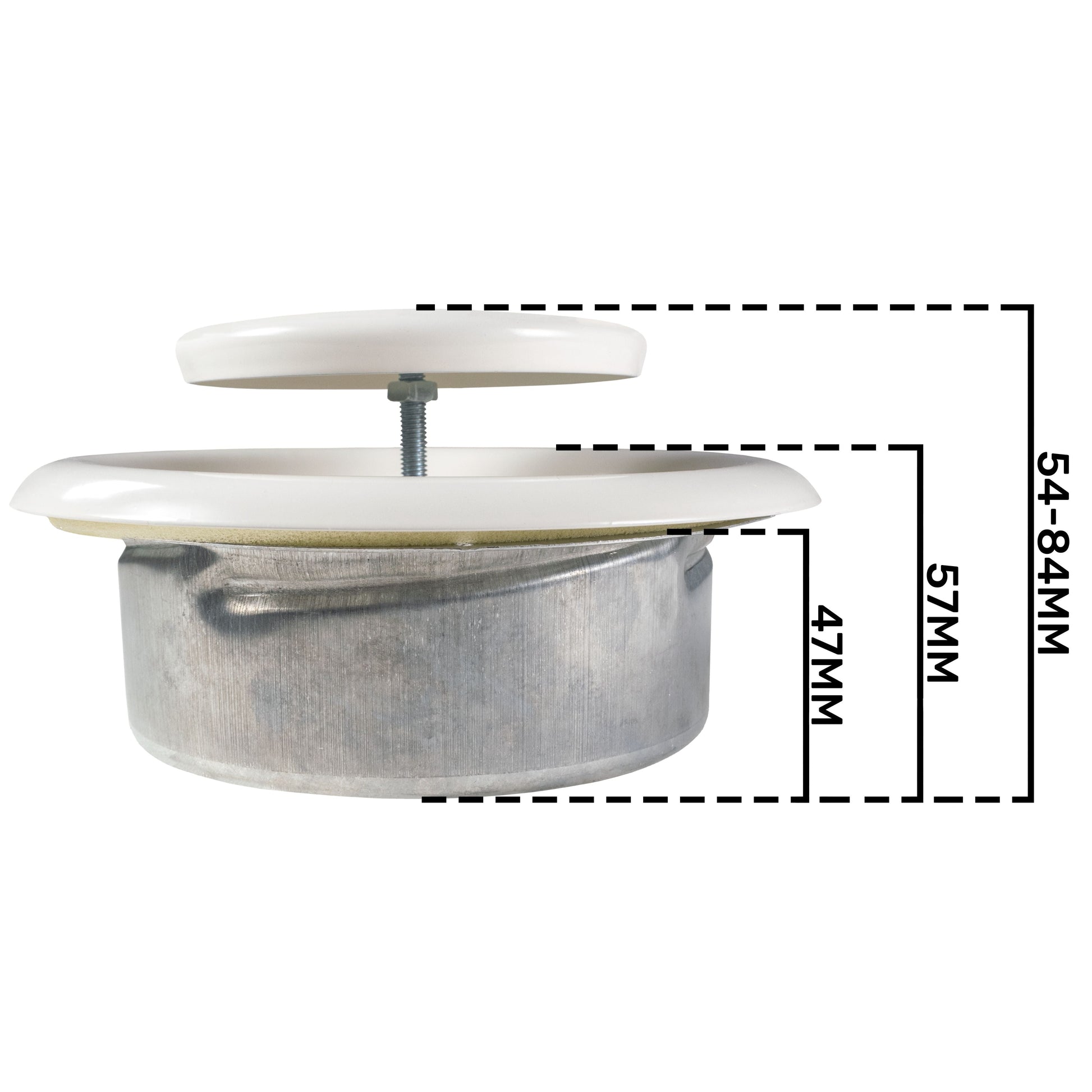 Ceiling extract valve cutaway showing metal collar and fixing screw; 54-84mm range