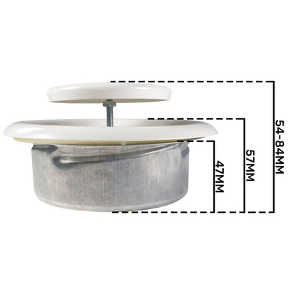 Ceiling extract valve cutaway showing metal collar and fixing screw; 54-84mm range