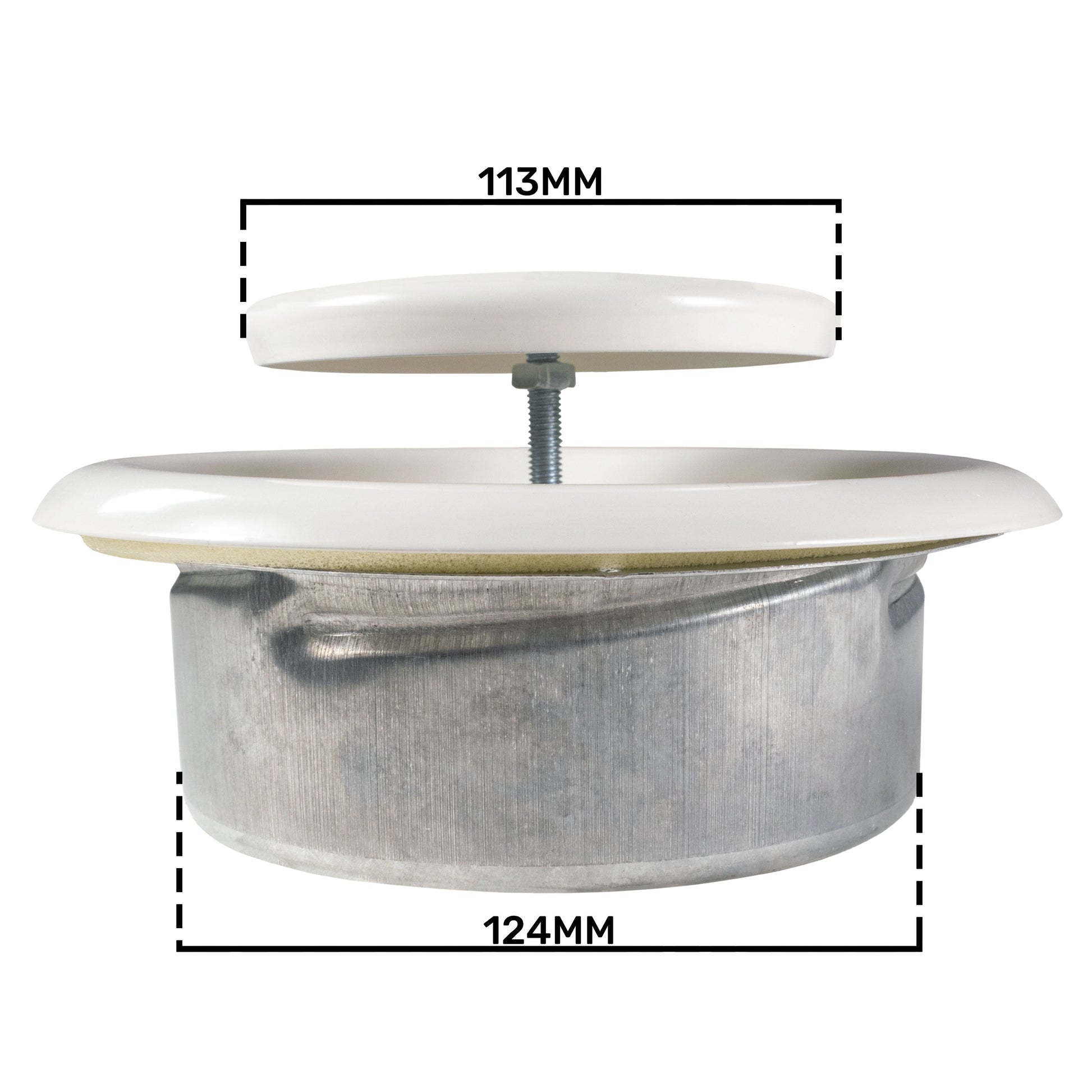 Ceiling extract valve underside view with white diffuser ring and metal body; 113mm/124mm