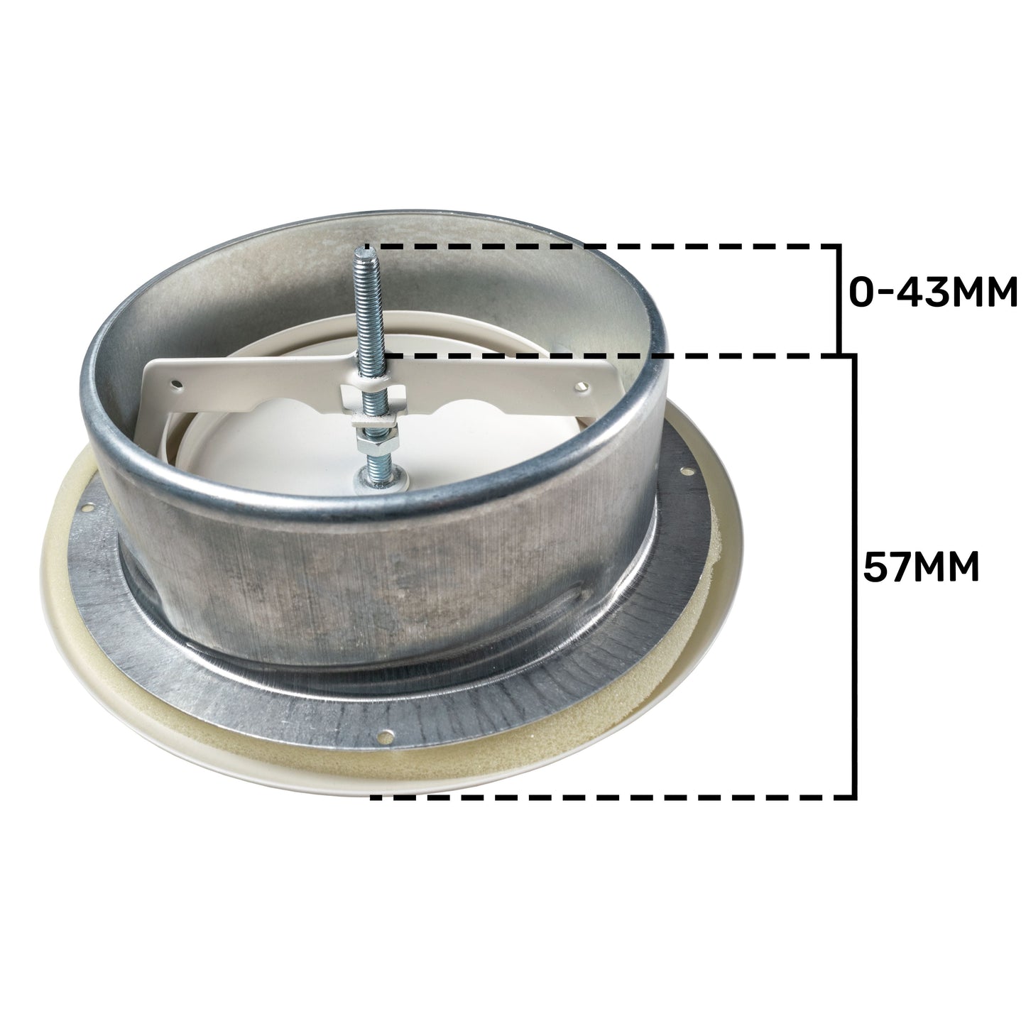 Ceiling extract valve interior view with metal housing, white diffuser, and mounting studs