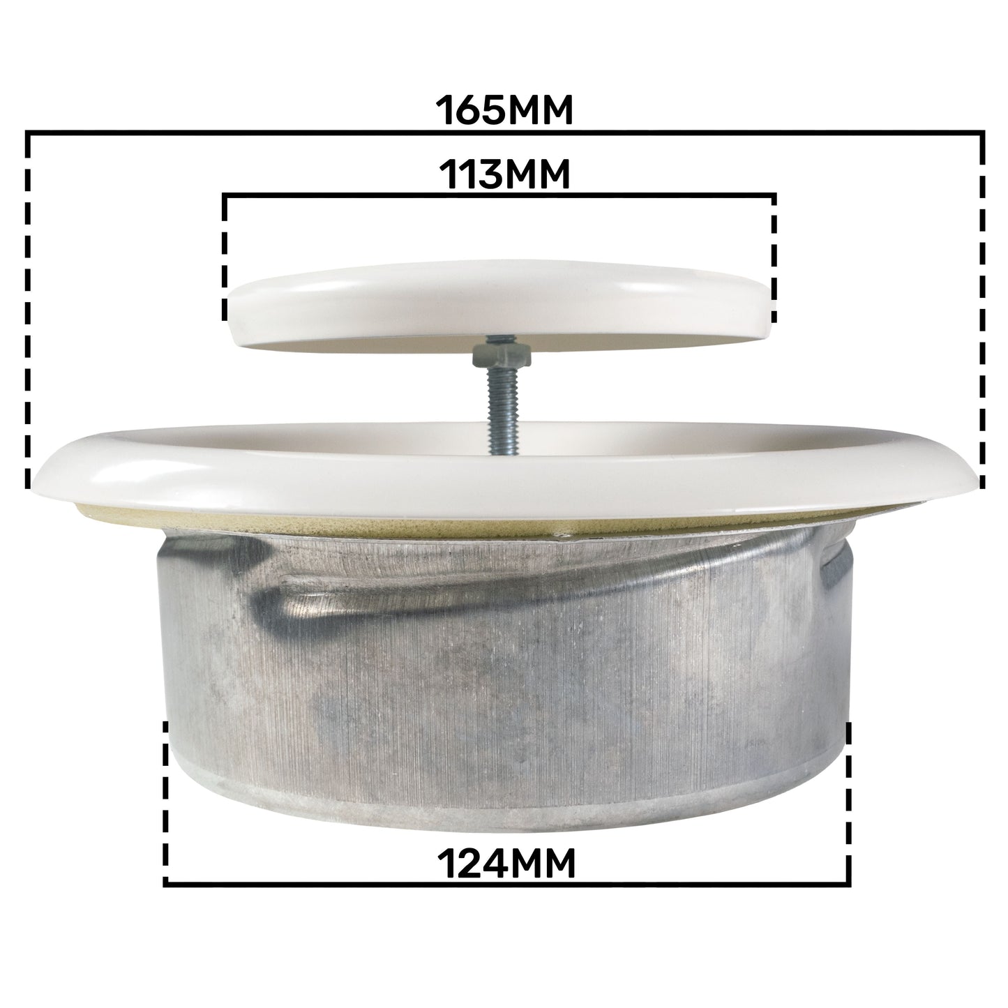 Ceiling extract valve with height and diameter measurements; 165mm outer/113mm inner