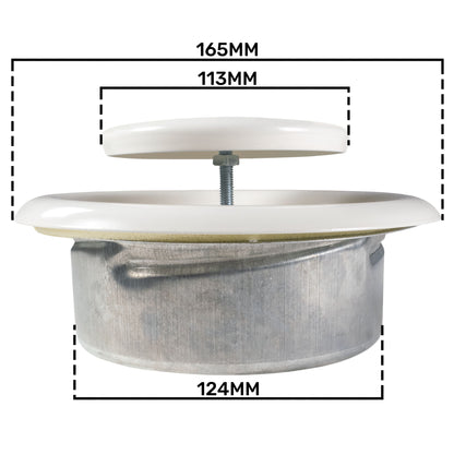 Ceiling extract valve with height and diameter measurements; 165mm outer/113mm inner