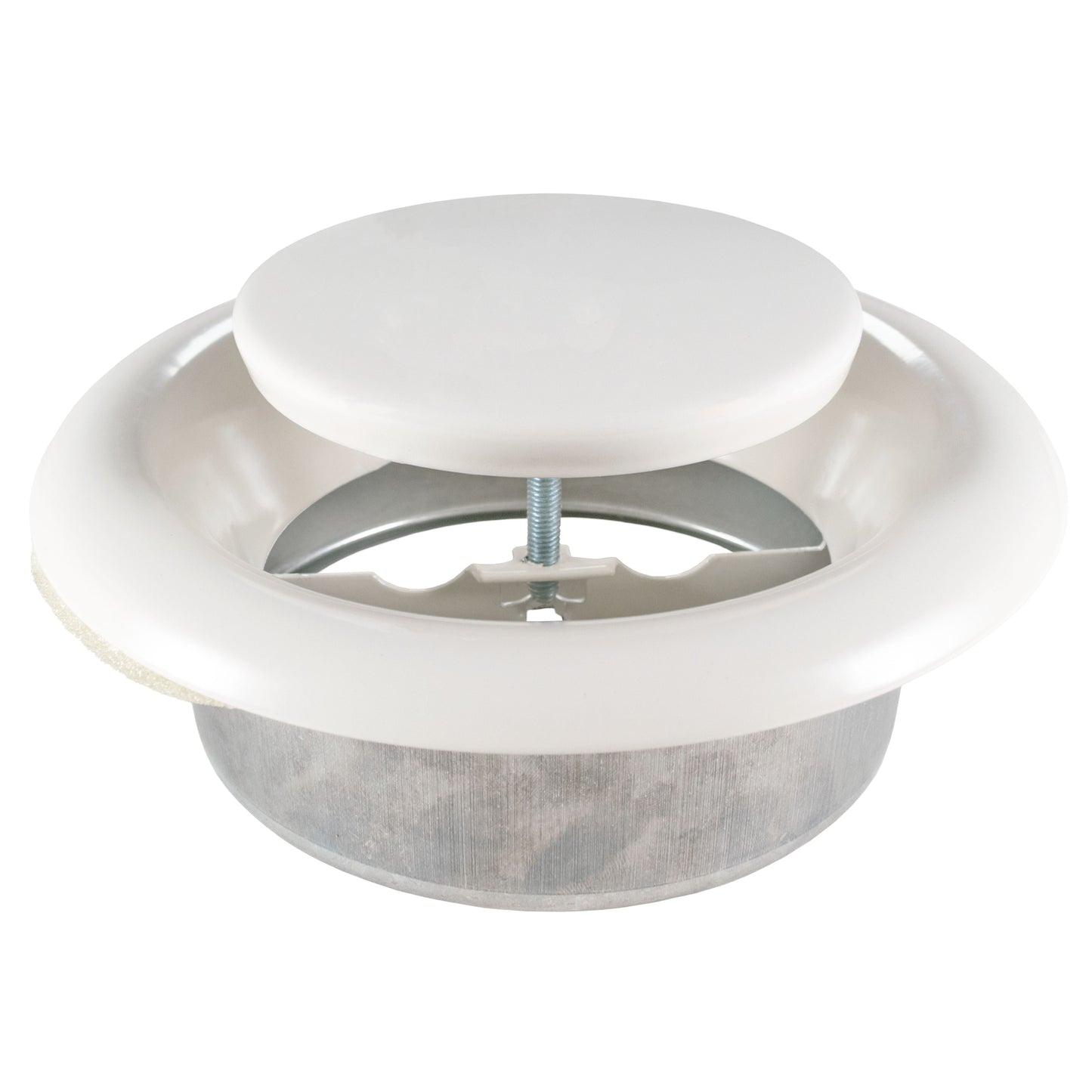 White 125mm ceiling extract valve, circular flange with central threaded support bolt