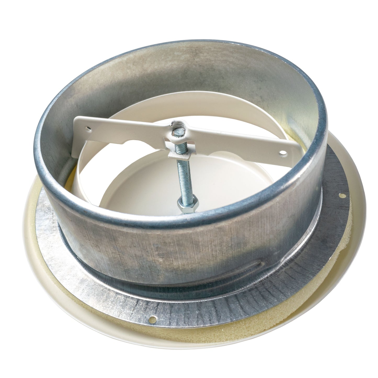 Ceiling extract valve inner parts with metal rim, white bracket, and central fixing screw