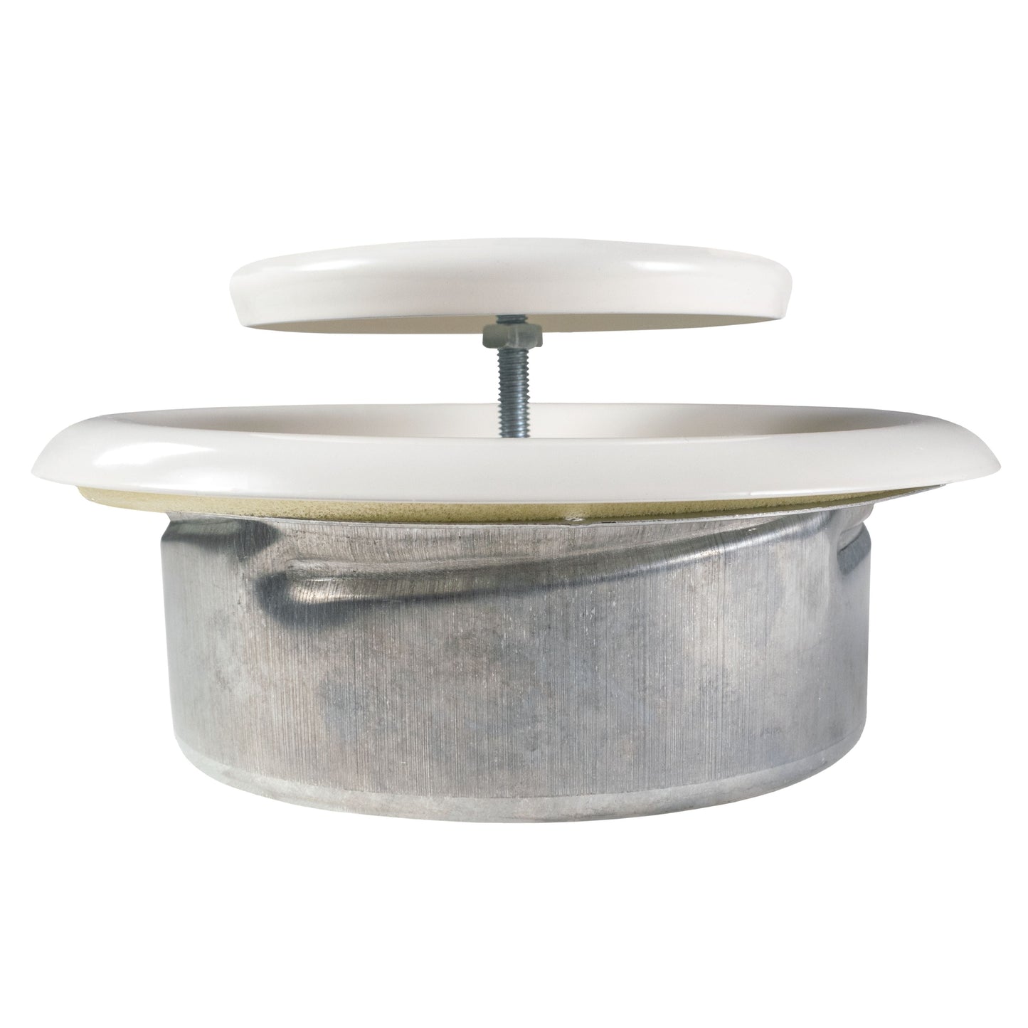 White ceiling extract valve with visible threaded rod and metal housing
