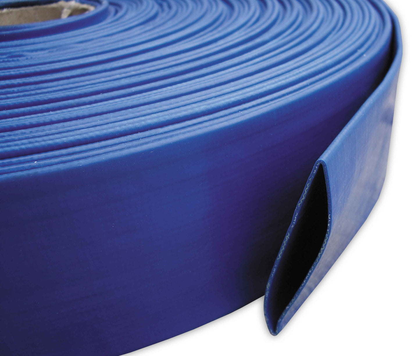 Blue lay flat 2" PVC hose, end profile view with curved channel opening