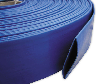 Blue lay flat 2" PVC hose, end profile view with curved channel opening