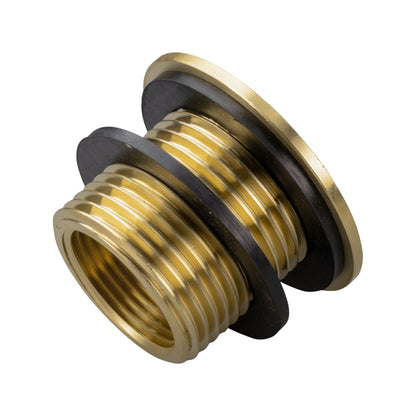 Brass threaded coupling with two black sealing washers and screw threads