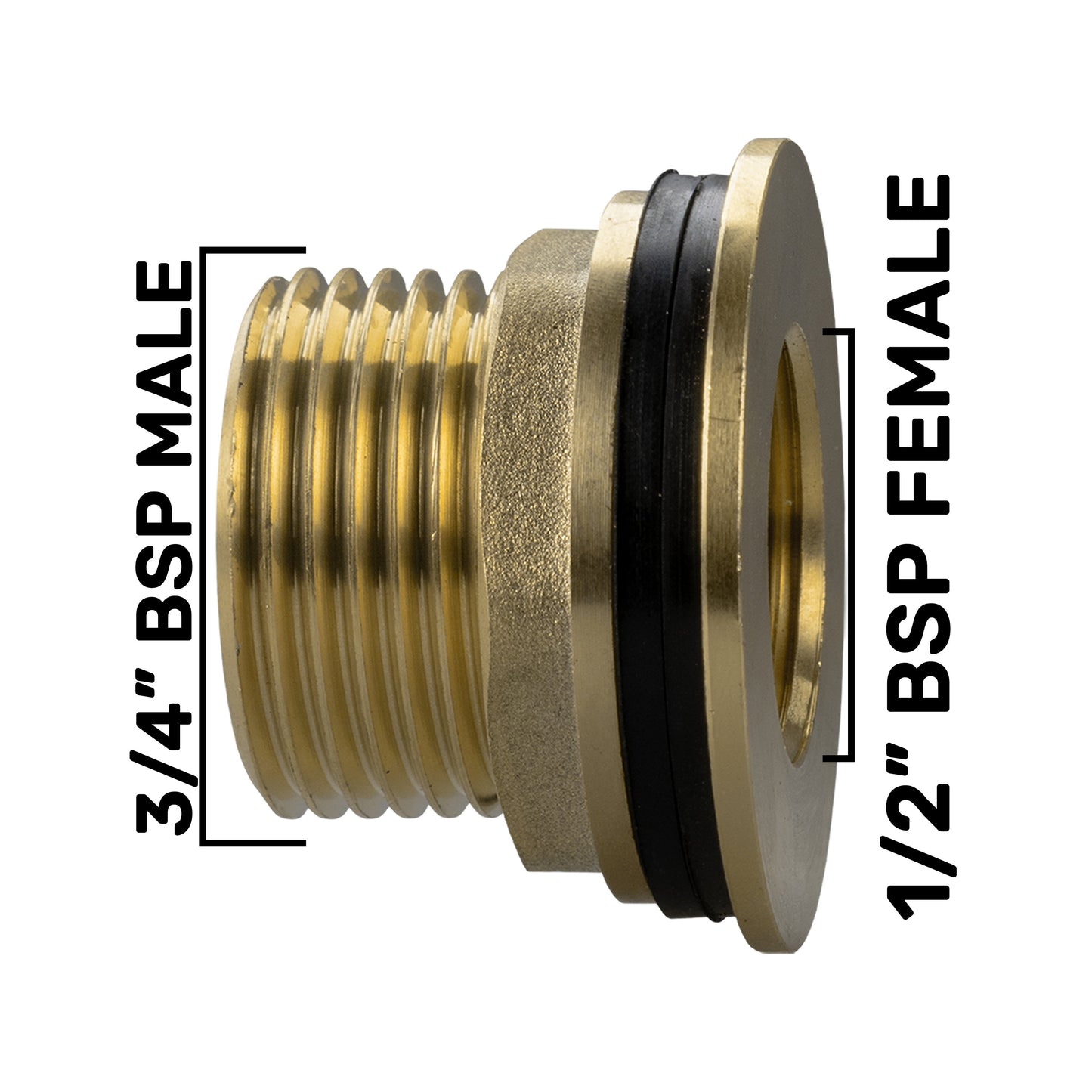 3/4" BSP male to 1/2" BSP female brass adapter with black sealing ring