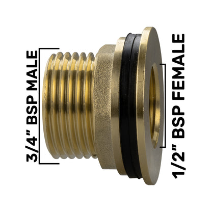 3/4" BSP male to 1/2" BSP female brass adapter with black sealing ring
