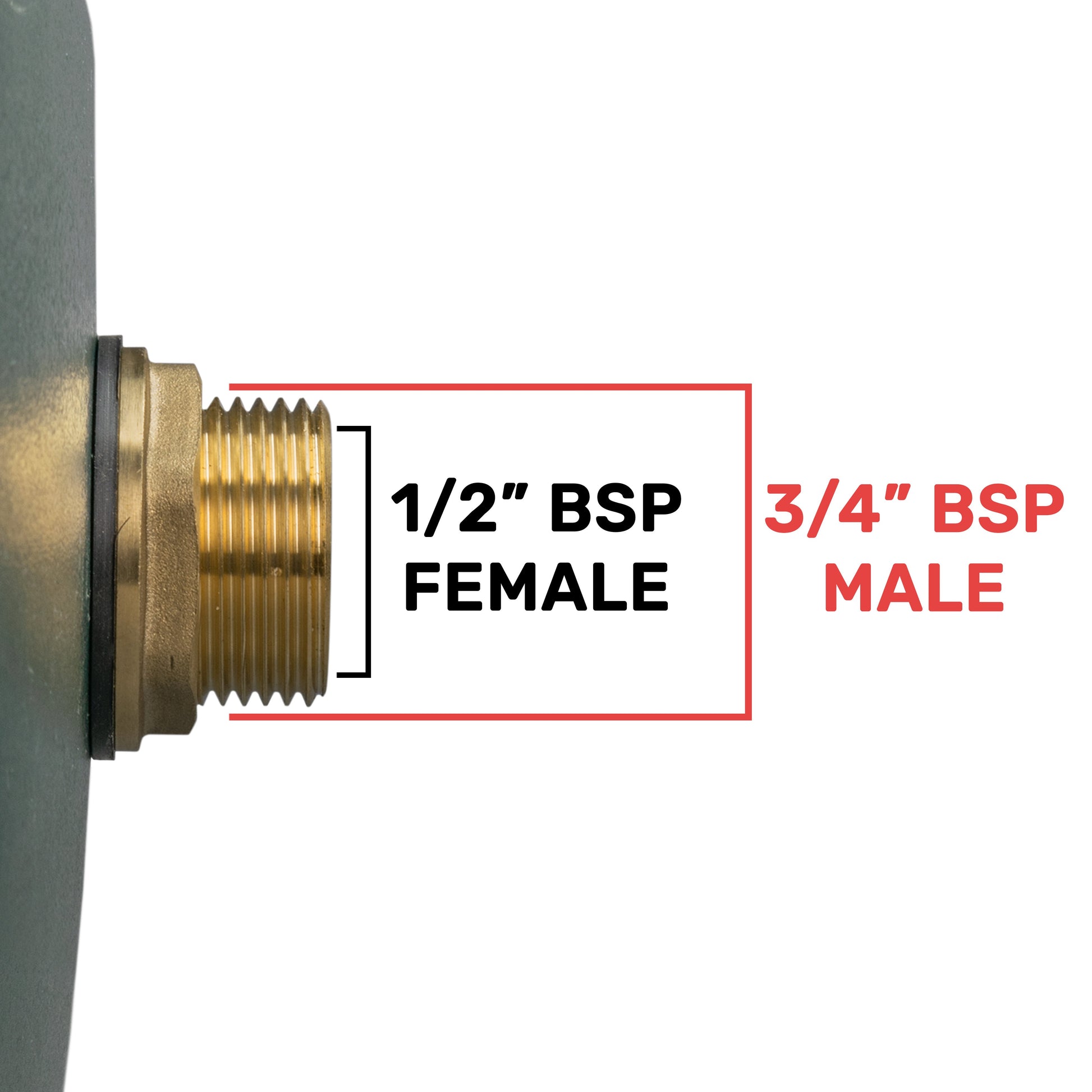 Brass connector showing 3/4" BSP male and 1/2" BSP female thread sizes