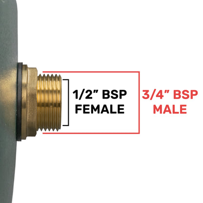 Brass connector showing 3/4" BSP male and 1/2" BSP female thread sizes