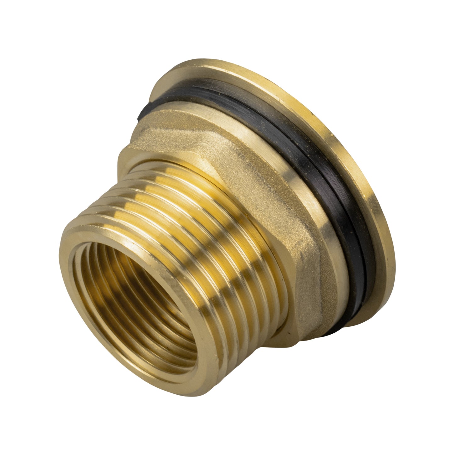 Brass adapter body with black O-ring and ribbed threads for BSP connection