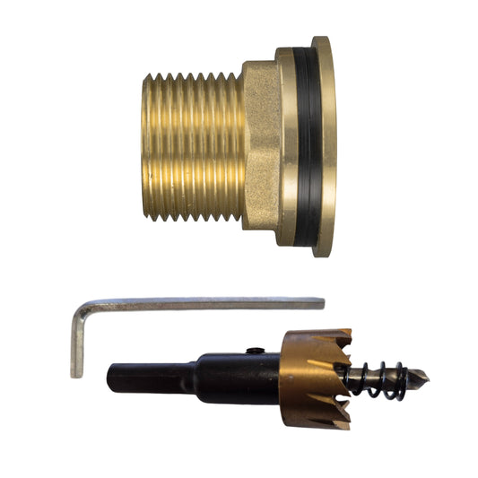Brass water butt fitting with 3/4in BSP male and 1/2in BSP female outlets