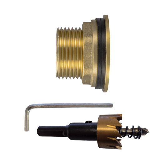 Brass water butt fitting: 1" BSP male thread with black rubber seal