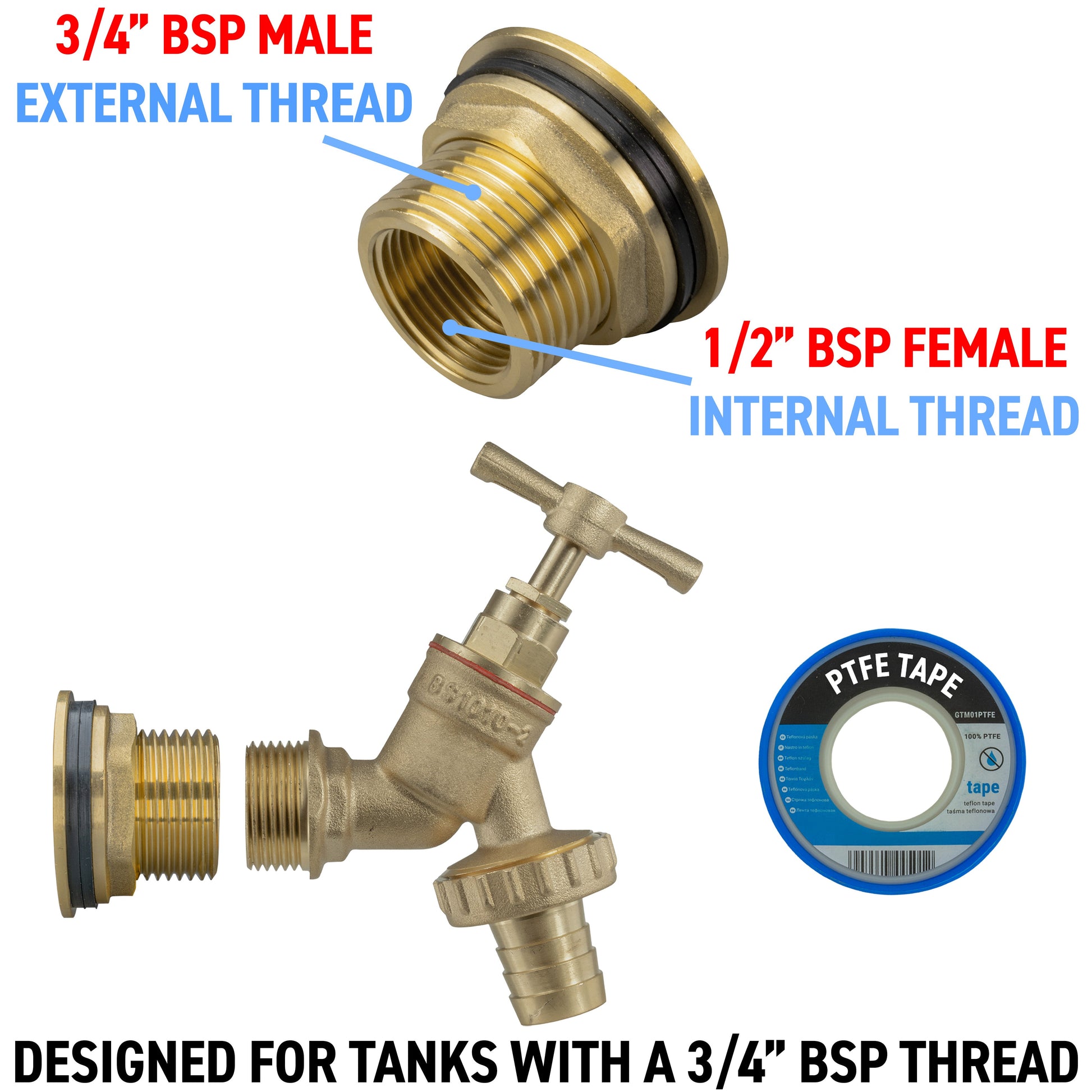 Gewinde-Übersicht: 3/4" BSP male extern, 1/2" BSP female intern, inkl. PTFE-Tape