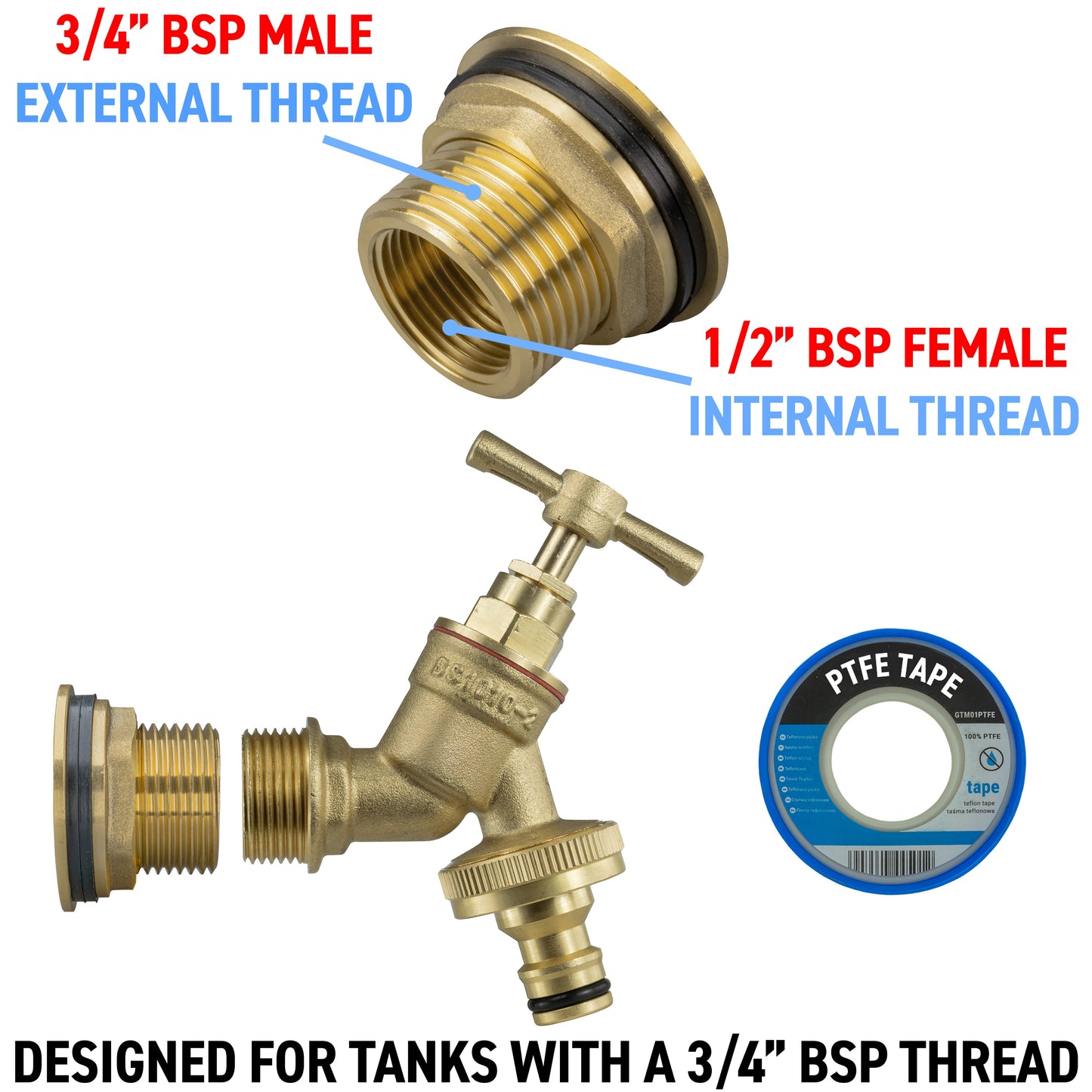 Brass tap threads labeled 3/4" BSP male and 1/2" BSP female with PTFE tape