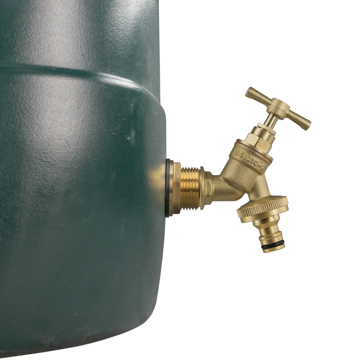 Brass tap fitting for water butt with quick-connect outlet and 3/4" inlet threads