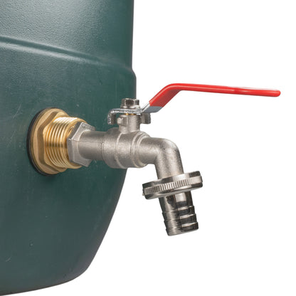 Brass lever tap with red handle and barbed hose connector for 3/4" water butt