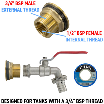3/4" BSP male to 1/2" BSP female adapter fitting with lever tap and barbed outlet